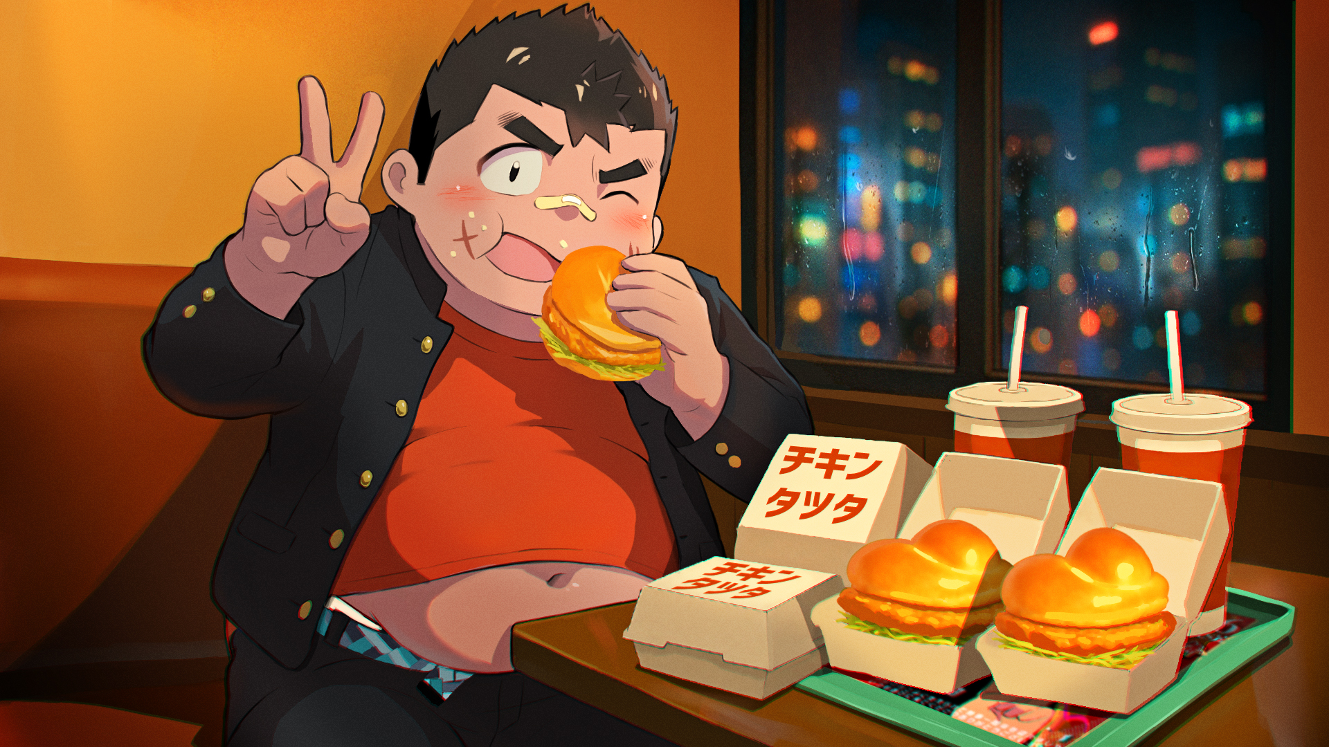 マクドナルドのチキンタツタをいくつも並べ、食べながらピースサインをする大盛満帆。