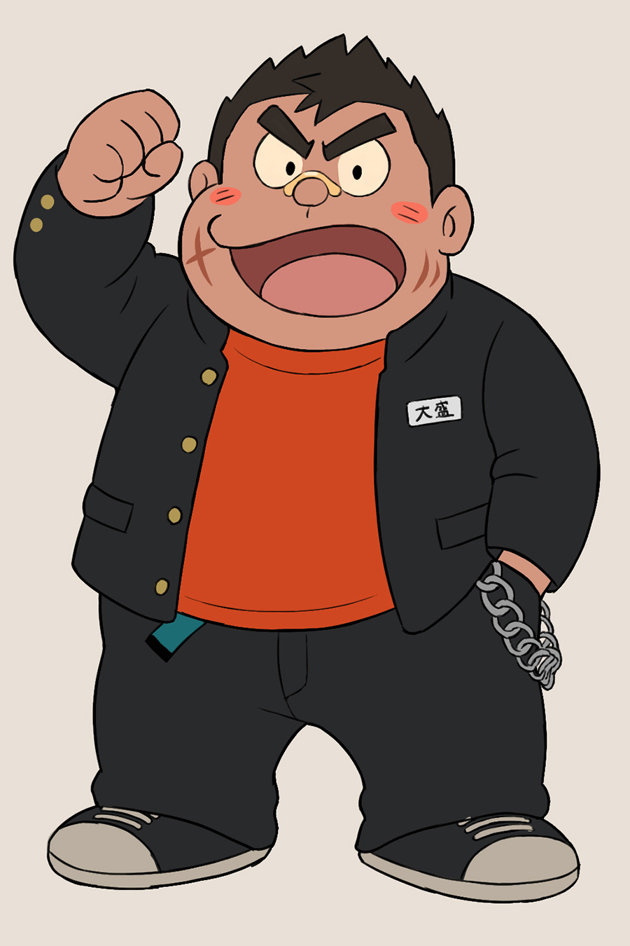 丸みのあるタッチで描かれた、拳を上げた学ラン姿の大盛満帆。
