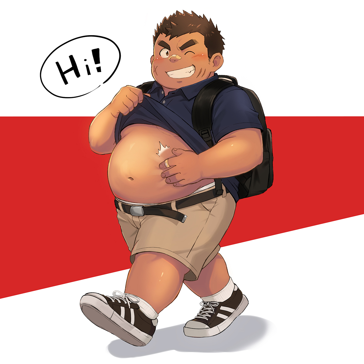 夏の制服を着てリュックを背負い、通学中にウインクする大盛満帆。
